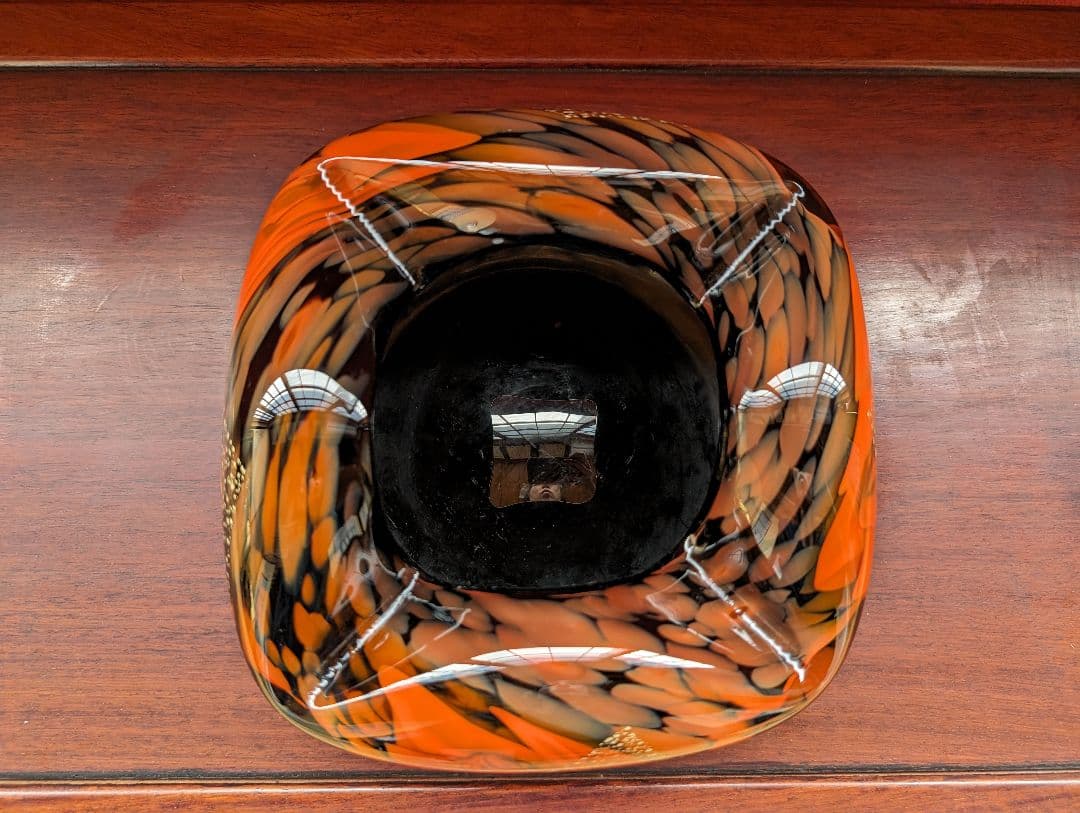 【箔入り】吹きガラス 灰皿 一点物 金箔 昭和レトロ インテリア 花生 オレンジ