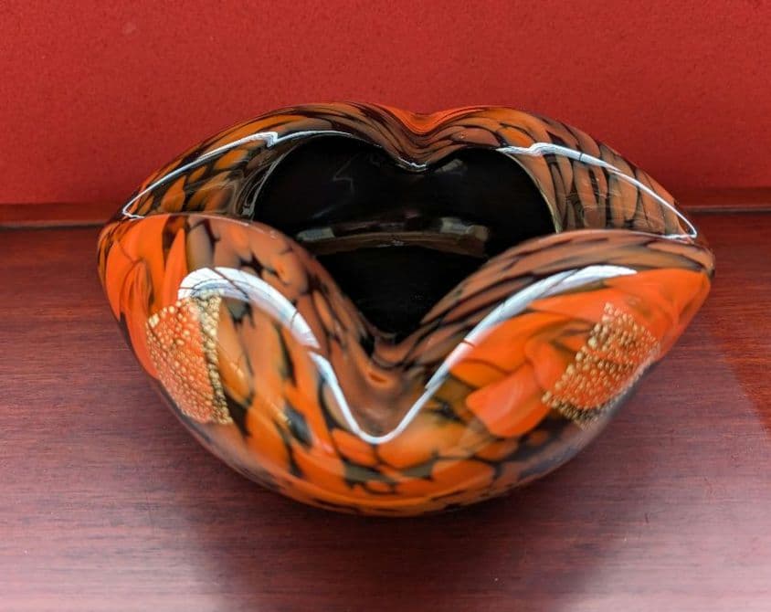 【箔入り】吹きガラス 灰皿 一点物 金箔 昭和レトロ インテリア 花生 オレンジ