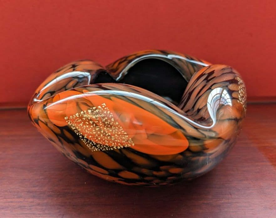 【箔入り】吹きガラス 灰皿 一点物 金箔 昭和レトロ インテリア 花生 オレンジ