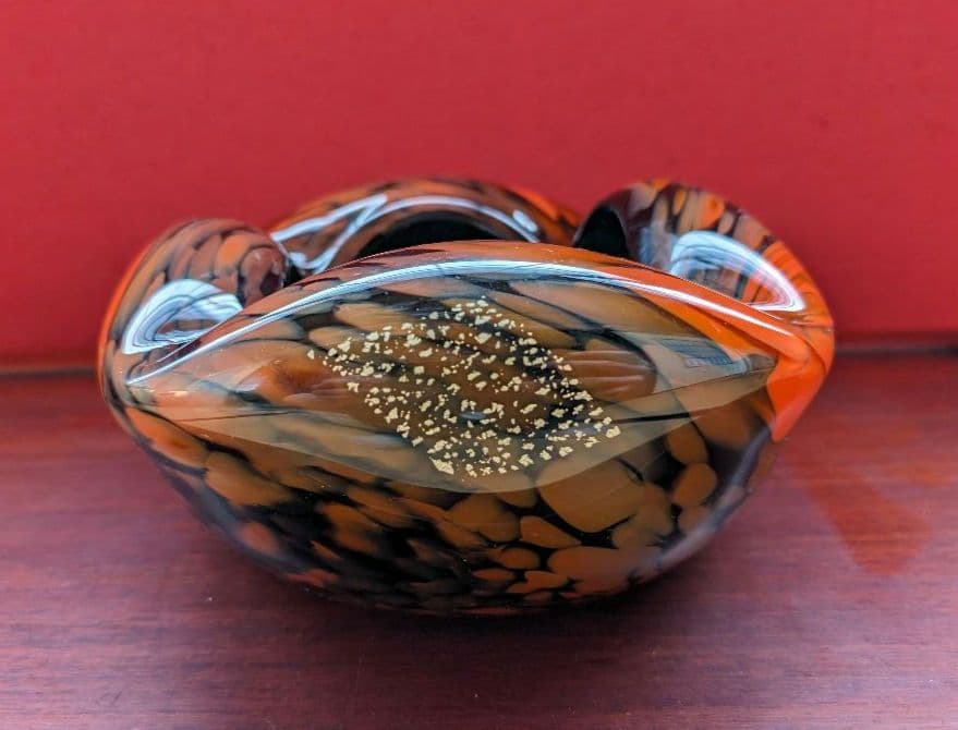 【箔入り】吹きガラス 灰皿 一点物 金箔 昭和レトロ インテリア 花生 オレンジ