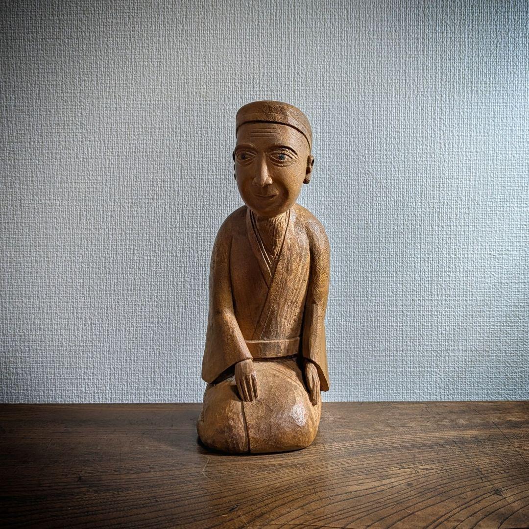千利休 木彫 像 高さ24.5cm 茶道具 オブジェ 手彫り 木像 置物