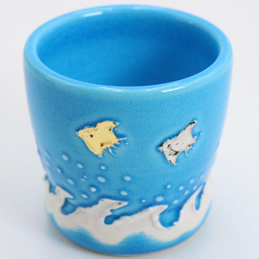 勝見永泉作 浅黄交趾焼 波千鳥 蓋置 茶道具 共箱共布　C866　N6