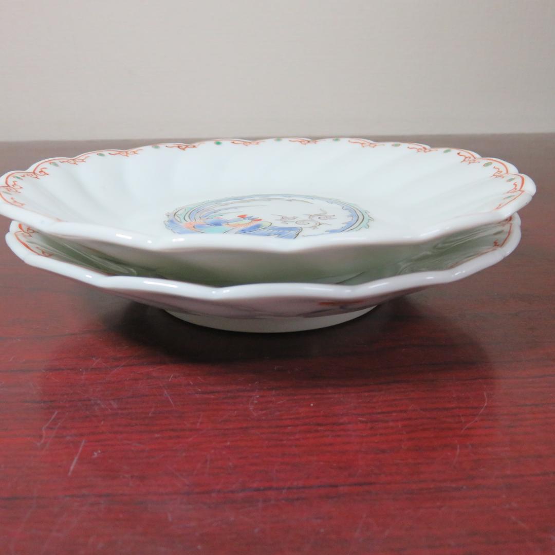 中皿 鳳凰 色絵付 窯傷 2枚 銘 明治 九谷