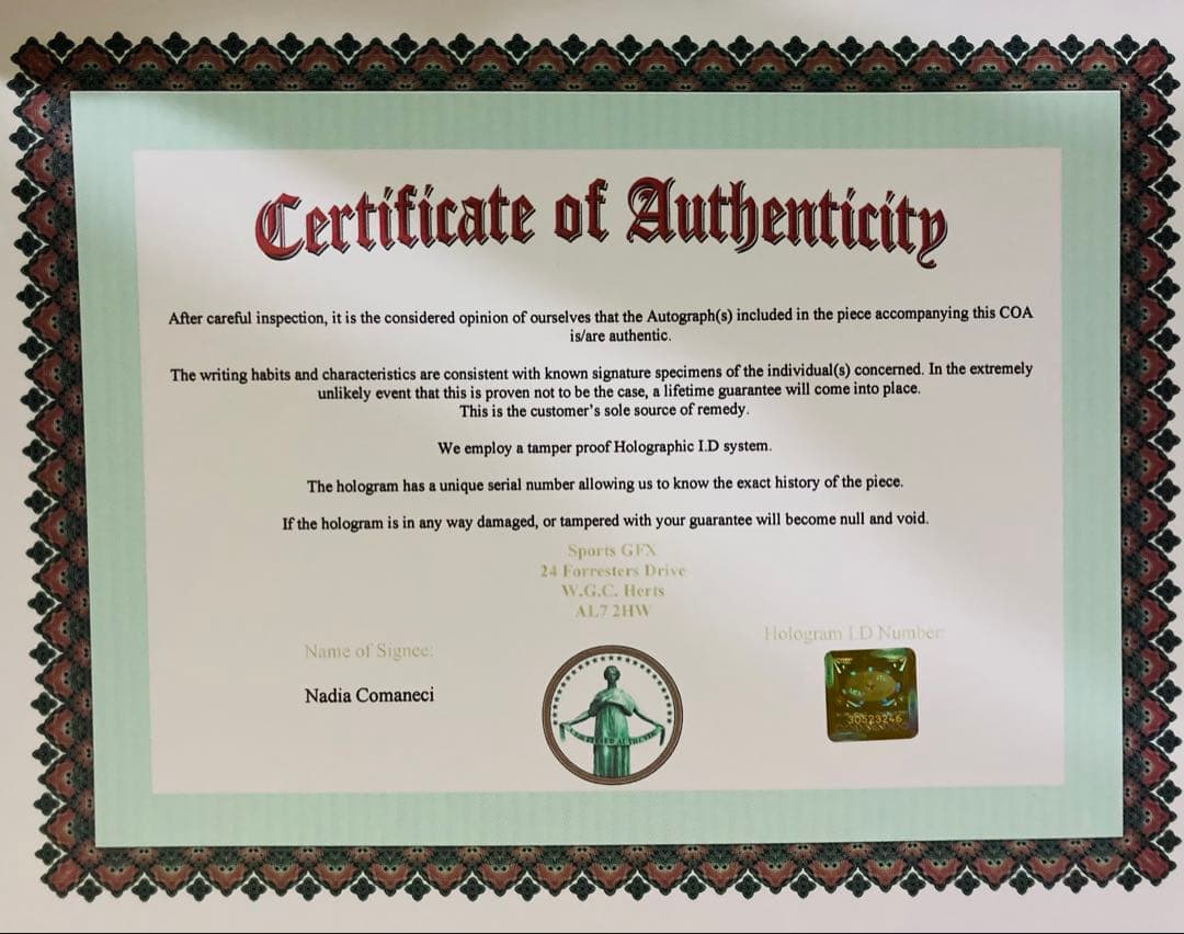 体操選手 ナディア・コマネチ 直筆サイン入り写真　ホログラムシール付 保証書　h