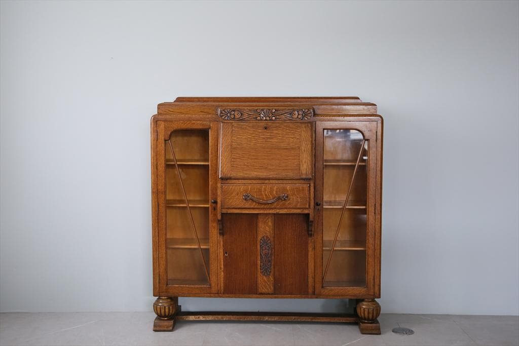 英国アンティークガラスキャビネット付きビューロー/机デスク/飾り棚(92-237