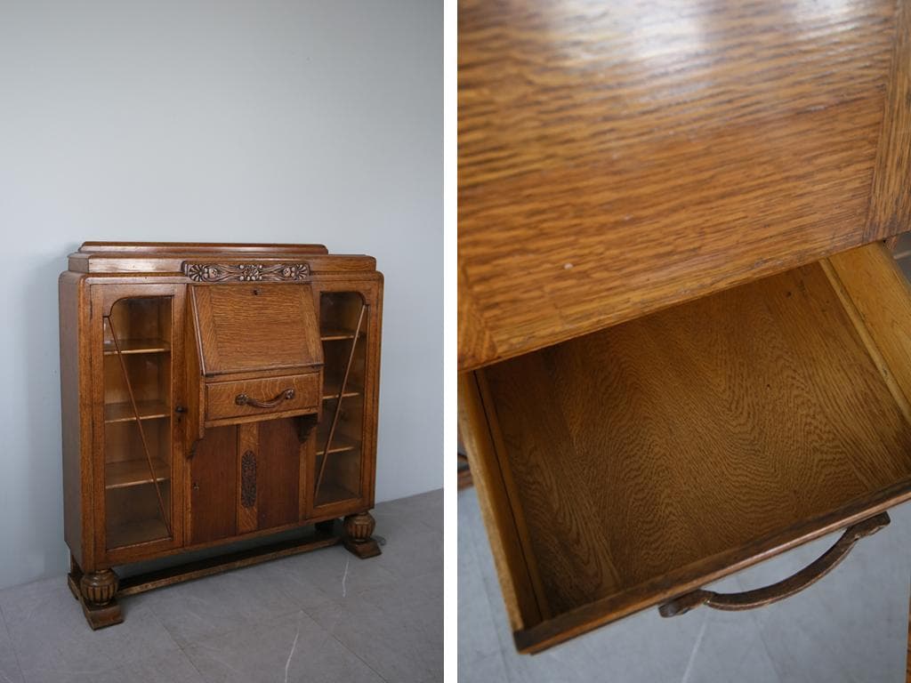 英国アンティークガラスキャビネット付きビューロー/机デスク/飾り棚(92-237