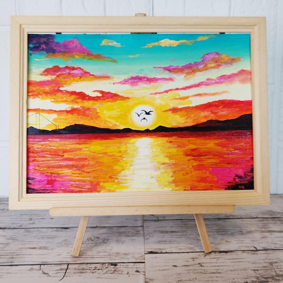 油絵 絵画 【夕日のカモメ】