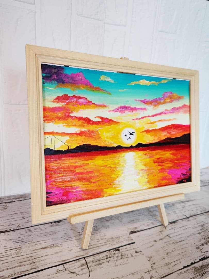 油絵 絵画 【夕日のカモメ】