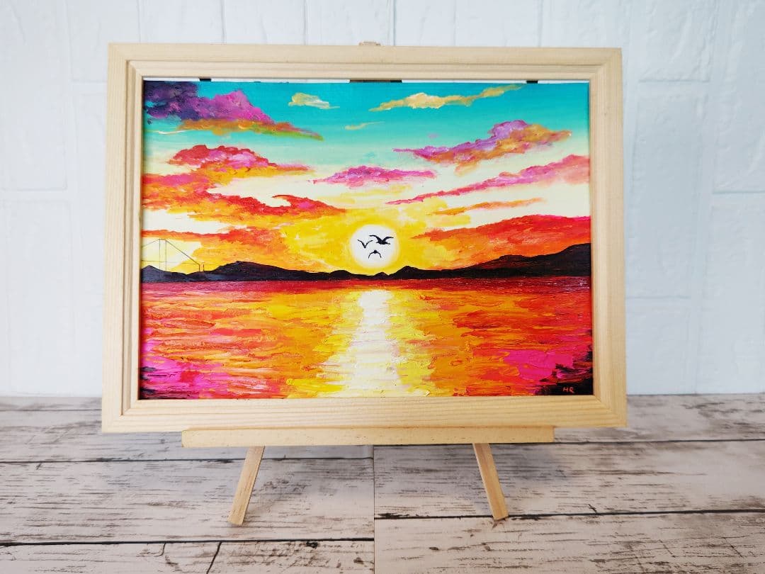 油絵 絵画 【夕日のカモメ】