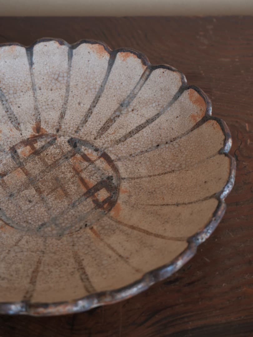 菊文皿　鉄絵　鉢　菓子器　陶磁工芸　箱付　Q1311