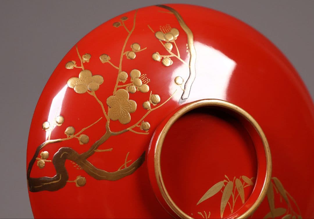 【CM246】時代木製漆器 松竹梅 金蒔絵 朱塗 引盃 五客 木製漆器 小皿 杯