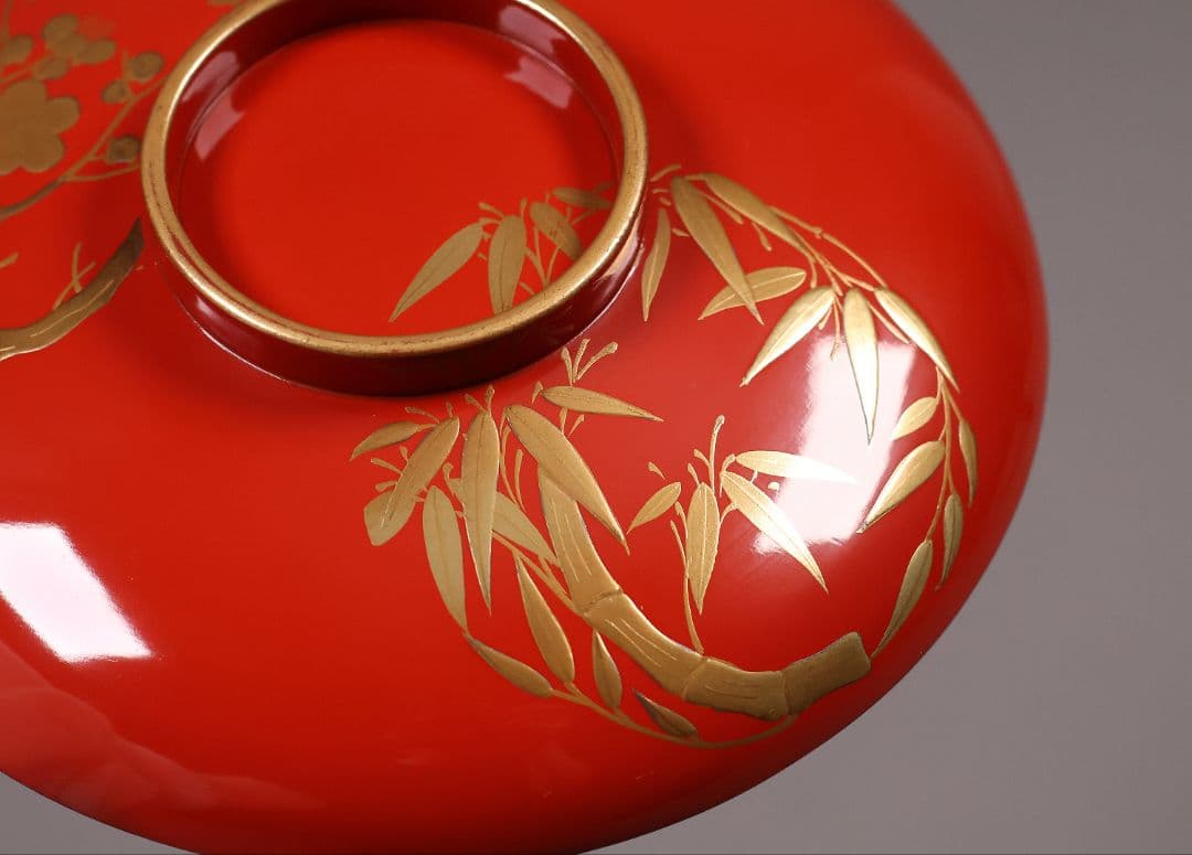 【CM246】時代木製漆器 松竹梅 金蒔絵 朱塗 引盃 五客 木製漆器 小皿 杯