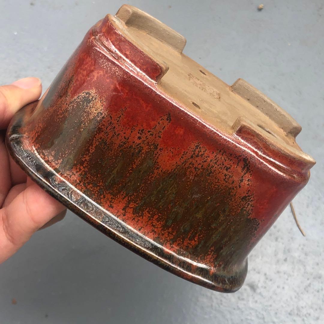 380.林盆華 赤鉄釉撫角長方 11.3*9.2*6cm 盆栽鉢 植木鉢