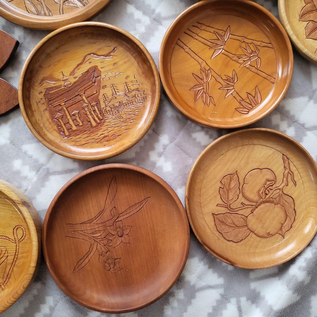 木製 彫刻盆 9枚セット お盆 宮島彫 お菓子 柿 駒 牡丹 レトロ 紅葉