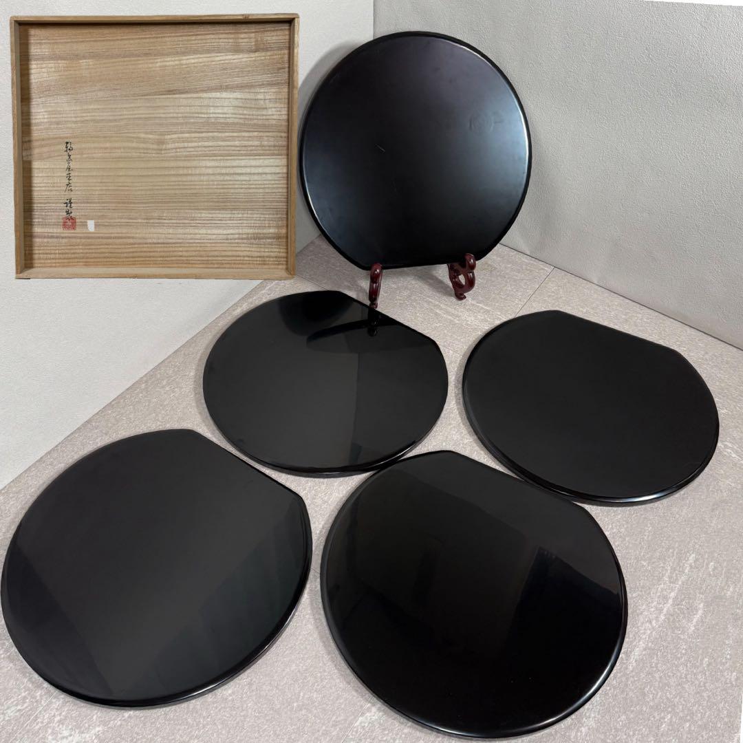 輪島屋本店謹製 輪島塗 卓上膳 五客 天然木 本漆 地の粉下地 半月膳