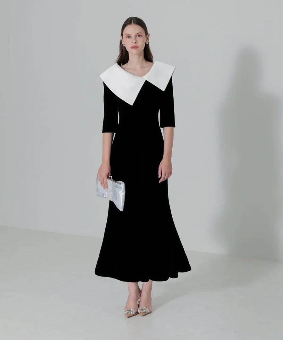 【美品】Leja Sアシンメトリービッグカラー ベロア マーメイドドレス 結婚式