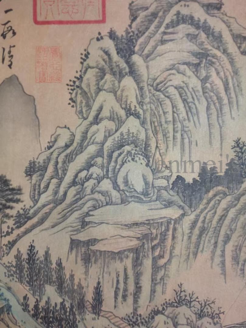 中国古美術・純手描き山水図掛軸・水墨画・文徴明印款・書道品・絹本・肉筆・一物一图
