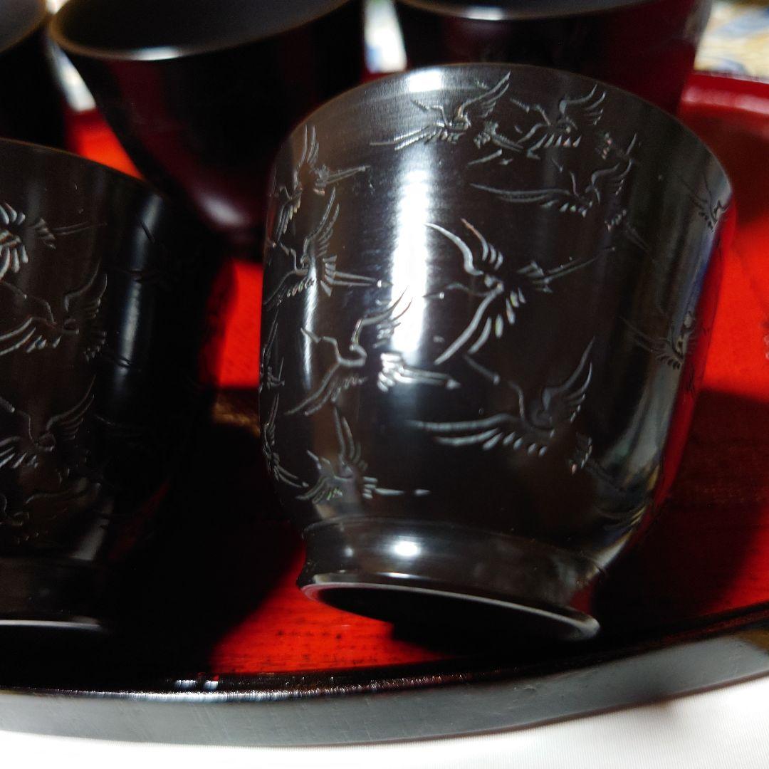 常滑焼 山田宝生作 細密彫 黒泥彫刻 千羽鶴文 煎茶碗 5客