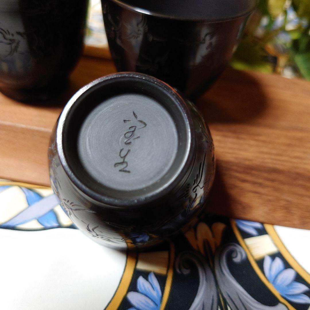 常滑焼 山田宝生作 細密彫 黒泥彫刻 千羽鶴文 煎茶碗 5客