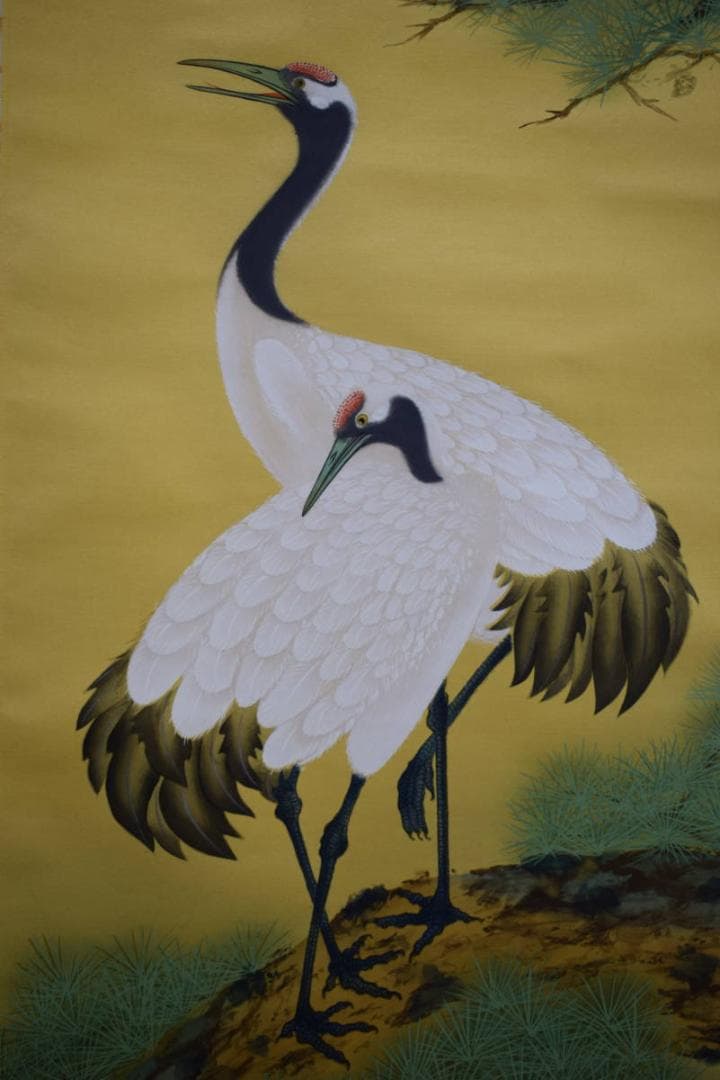 真作/國井道成/国井道成/旭日松上双鶴図/桐共箱付/布袋屋掛軸HG-388