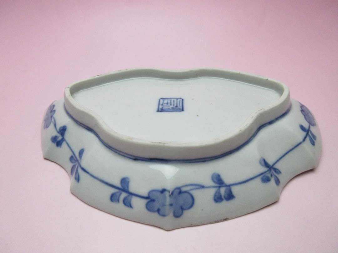 時代 染付 角福 鹿と紅葉模様 変形皿 3枚 61228