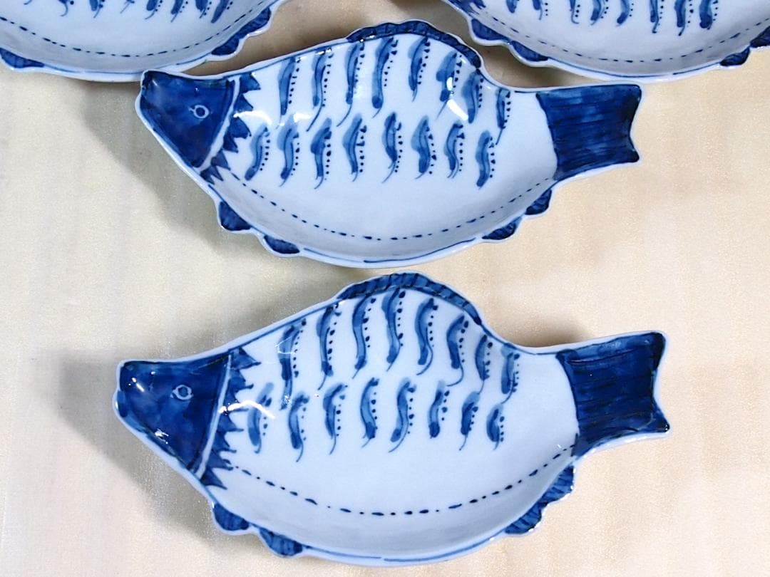 【未使用】高橋芳宣 染付魚型向付 7客 魚文向附 銘々皿/菓子皿 茶道具 食器