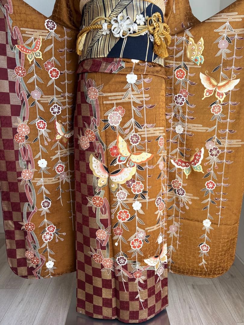 最終価格！⭐️振袖フルセット　正絹振袖　成人式　しつけ糸付き　茶系