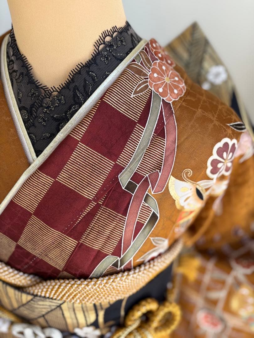最終価格！⭐️振袖フルセット　正絹振袖　成人式　しつけ糸付き　茶系