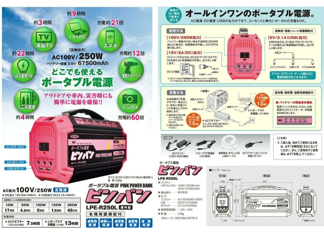 【新品❗未使用❗】日動ピンパン LPE-R250L ポータブル電源　１００V