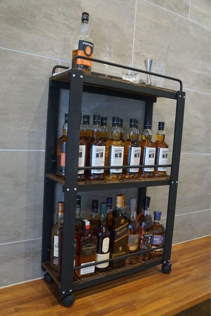 ウィスキーラック　サイドバー　ワゴンタイプ　男前インテリア　棚