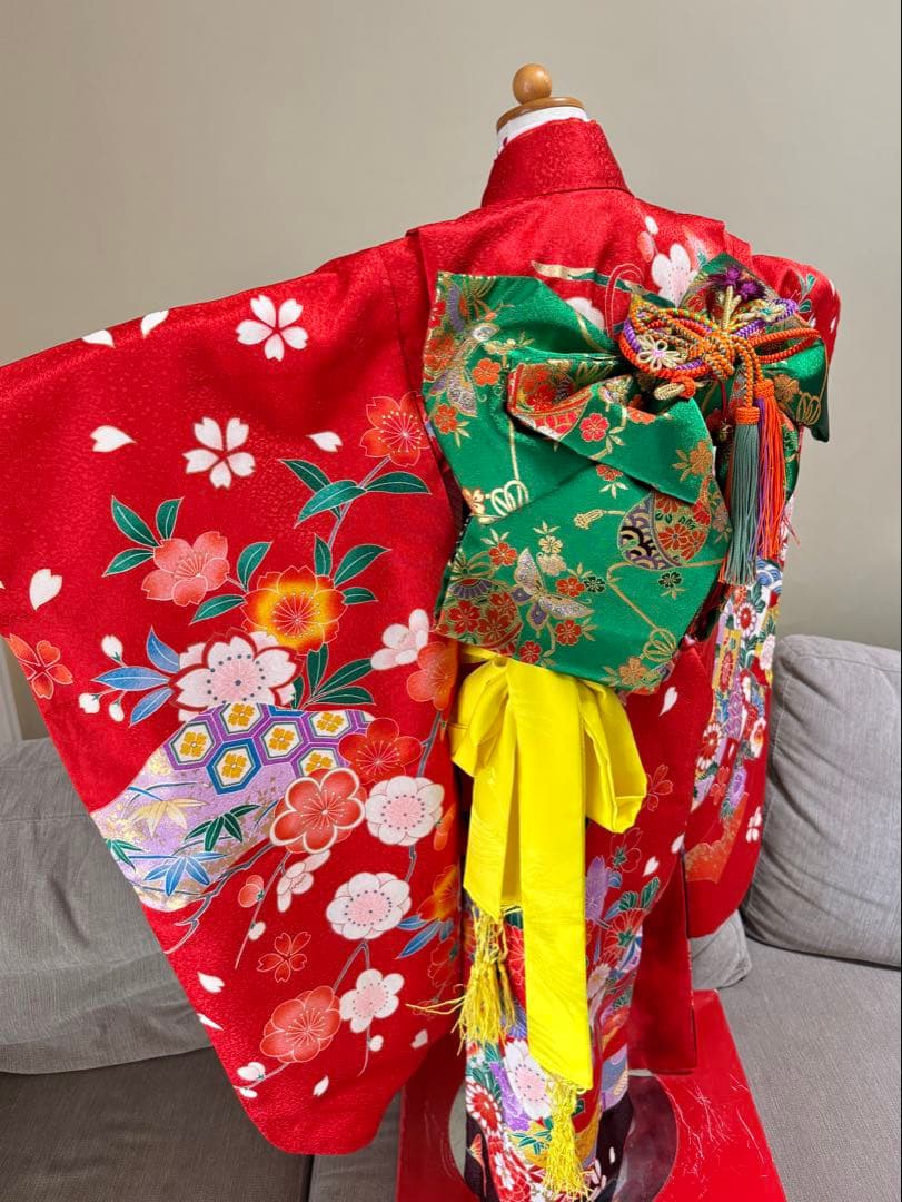7歳七五三　フルセット　赤系着物　草履バッグ付き