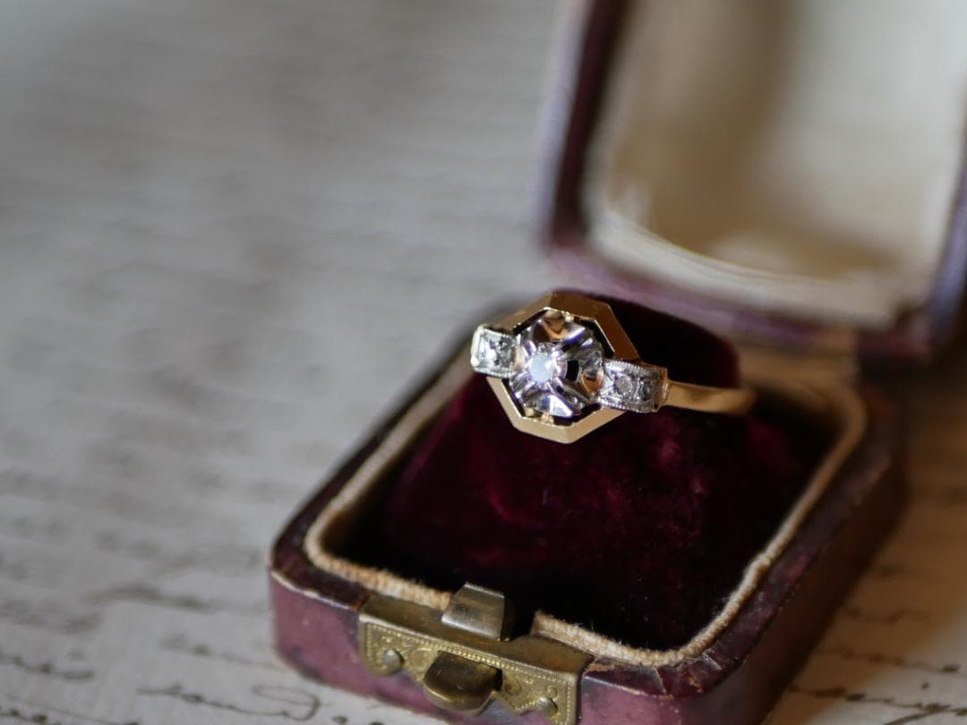 天然ダイアモンド　アールデコ　K18 アンティークリング　フランスアンティーク