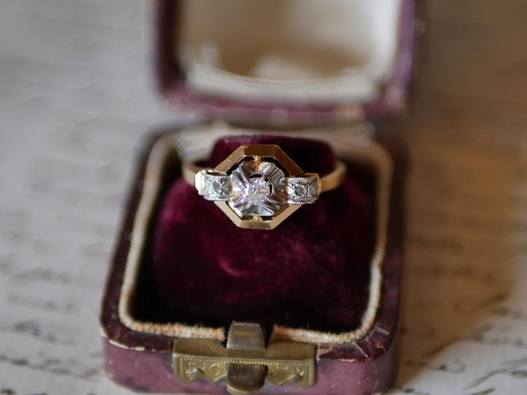 天然ダイアモンド　アールデコ　K18 アンティークリング　フランスアンティーク