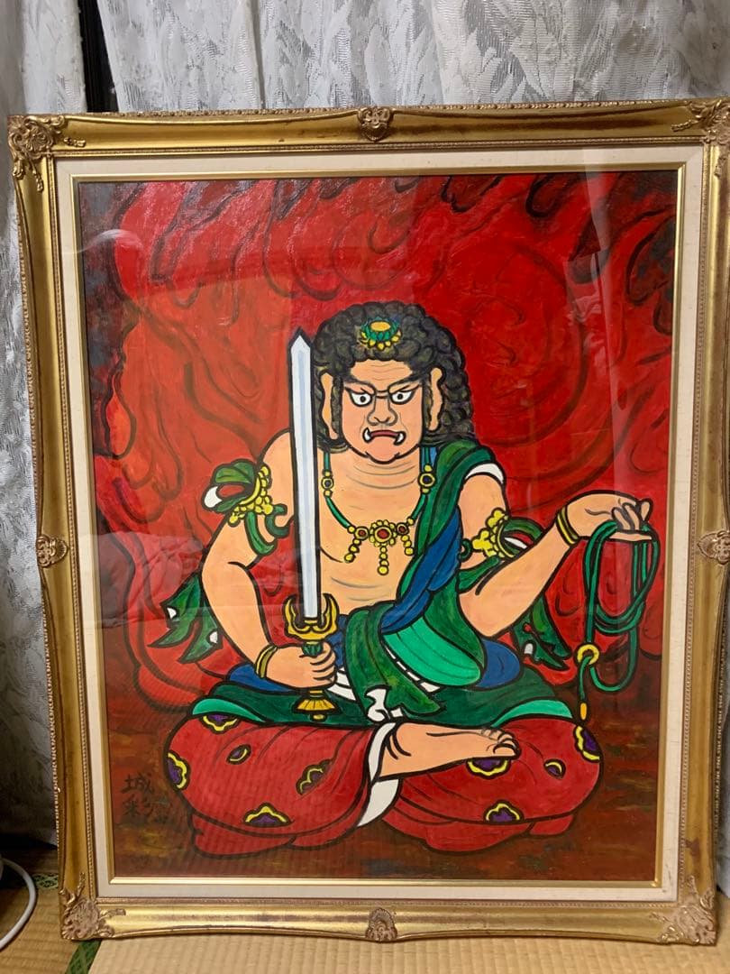 日本画 武神 赤背景 金色フレーム