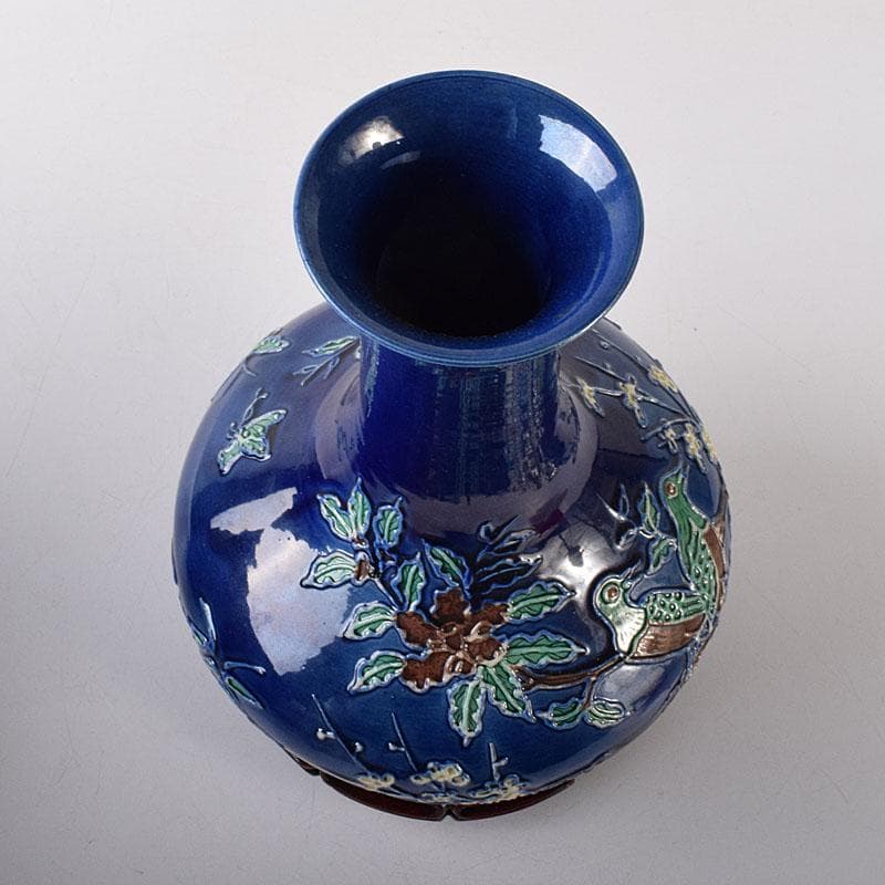 中国　景徳鎮製　藍釉法花花鳥文瓶　唐木台・箱付　V　8055C