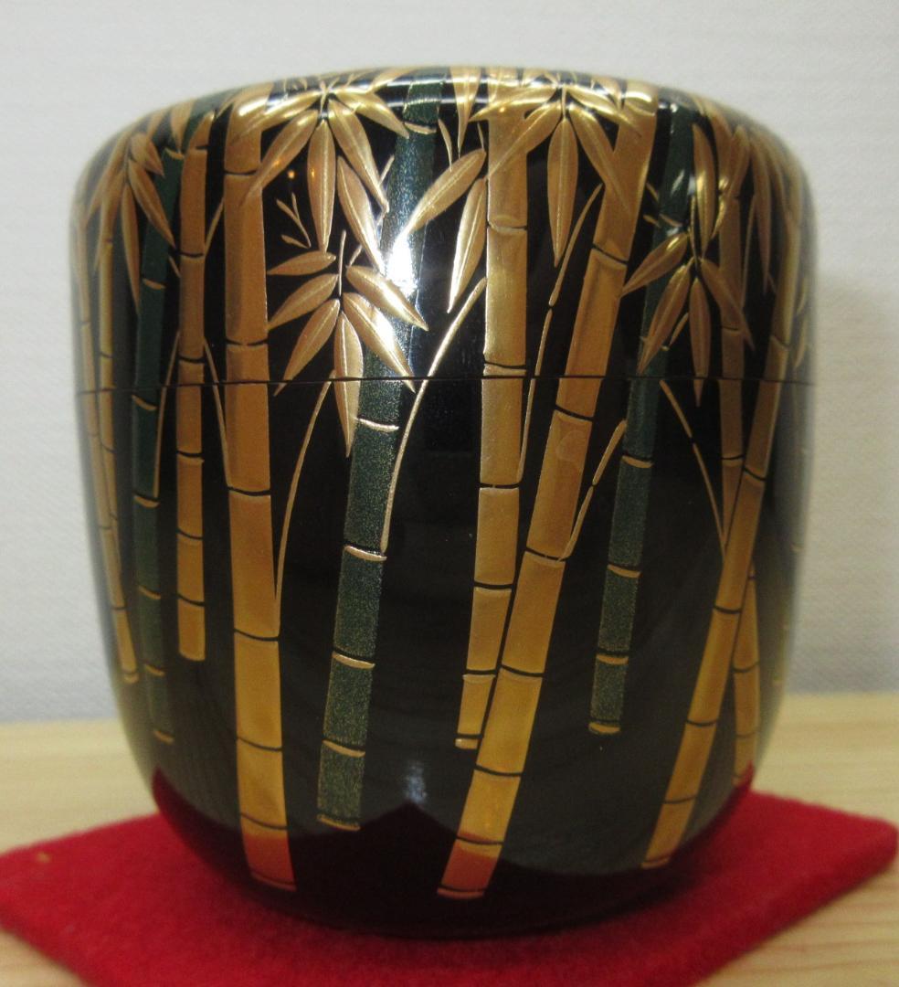 送料込【逢絢亭・新品】茶道具 大棗 山中塗 竹林蒔絵 内銀地 木製 呉藤穣太郎