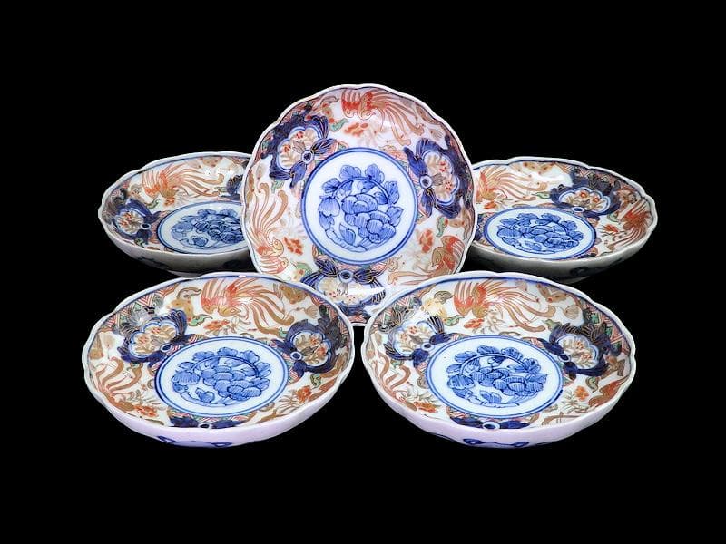 古伊万里　色絵　鳳凰に牡丹の図　４寸皿　５客　C381AS-CZc