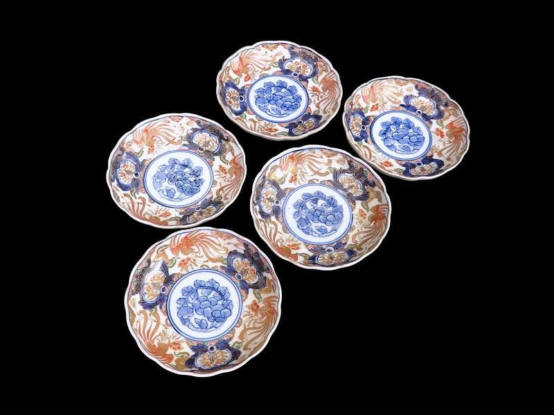 古伊万里　色絵　鳳凰に牡丹の図　４寸皿　５客　C381AS-CZc