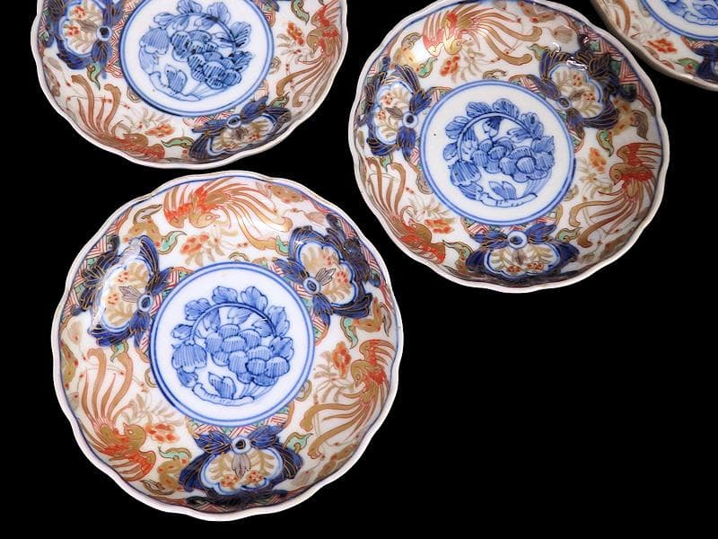 古伊万里　色絵　鳳凰に牡丹の図　４寸皿　５客　C381AS-CZc