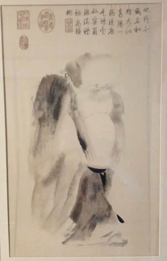 大幅値下げ　額装品　水墨画風　刺繍作品　蘇州大師　王麗華作　「梁楷　溌墨仙人」