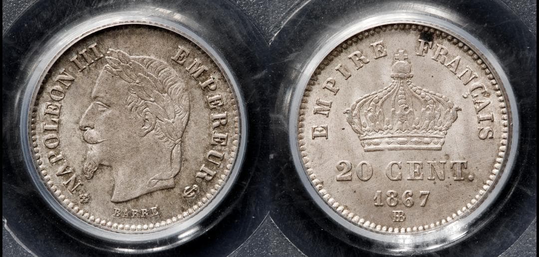 高鑑定　PCGS-MS65 フランス　ナポレオン3世 　1867BB　銀貨
