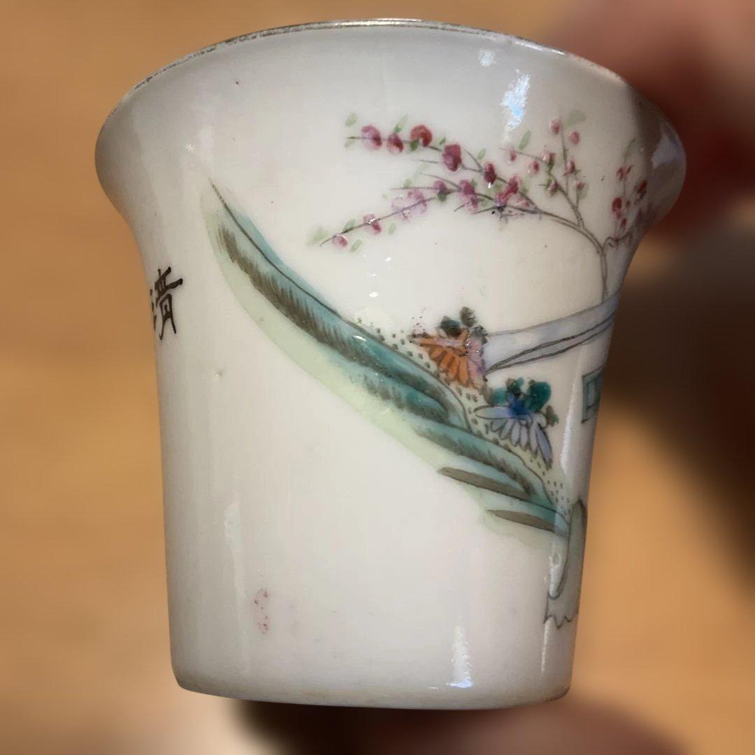 中国民国時代の手描き茶碗 女性と風景の絵柄