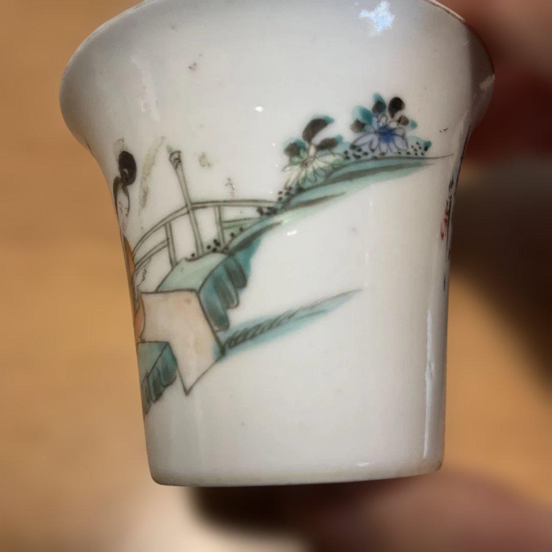 中国民国時代の手描き茶碗 女性と風景の絵柄