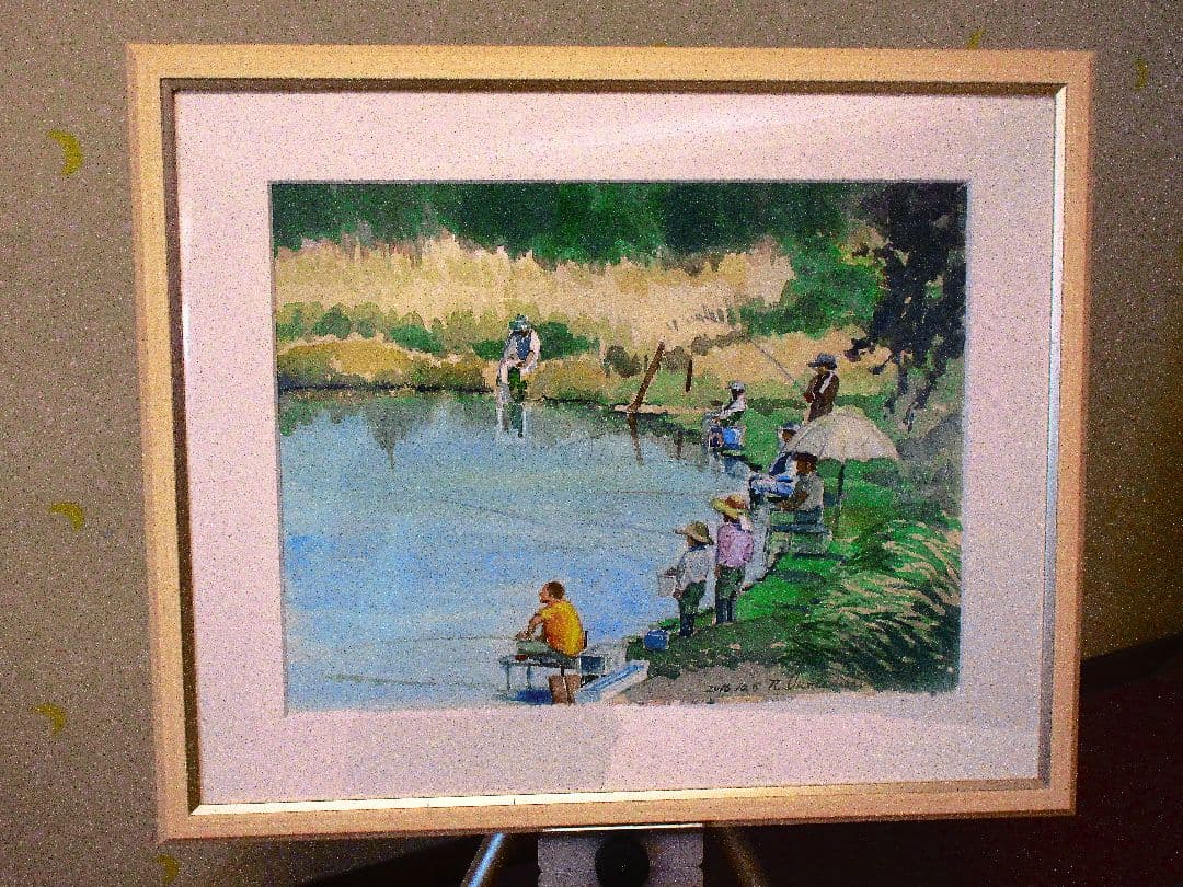 釣り人達水彩画 木製フレーム付き