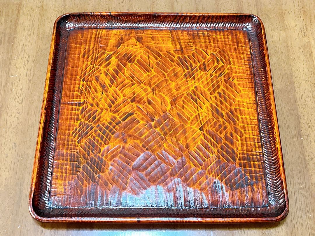 時代物 お膳 讃岐彫り 正方形 お盆 アンティーク 漆器 トレー 木彫り３枚