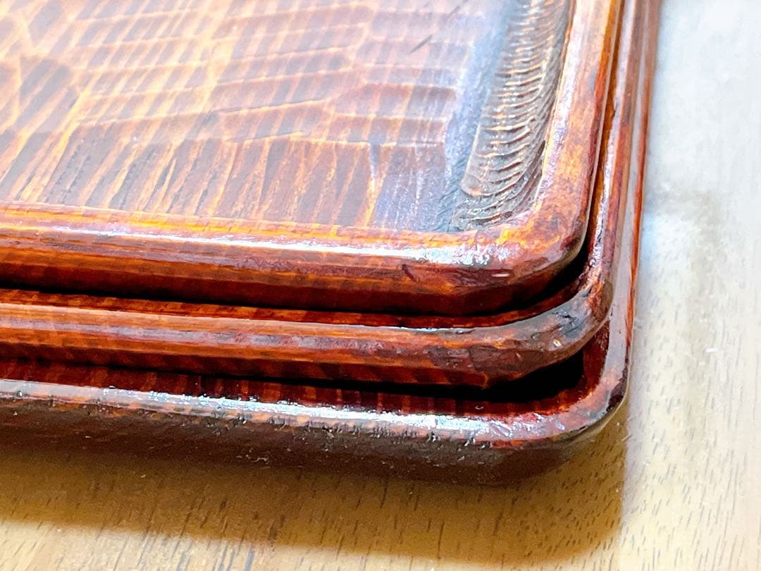 時代物 お膳 讃岐彫り 正方形 お盆 アンティーク 漆器 トレー 木彫り３枚