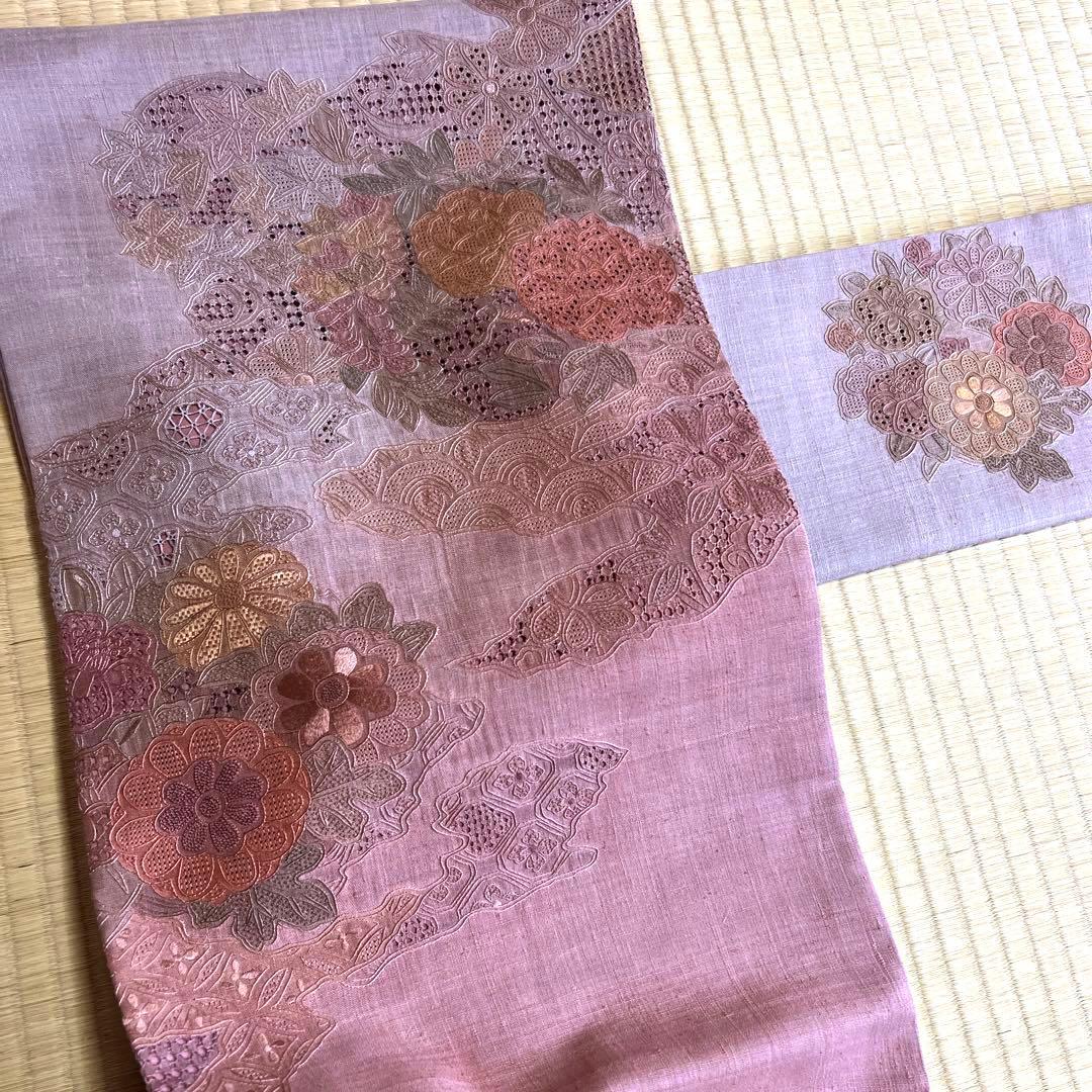 真綿紬　蘇州汕頭刺繍　超豪華　袋帯