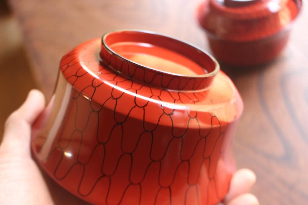 デッドストック！極上朱漆に風情ある網目文の美しい煮物椀2点（検輪島塗懐石道具