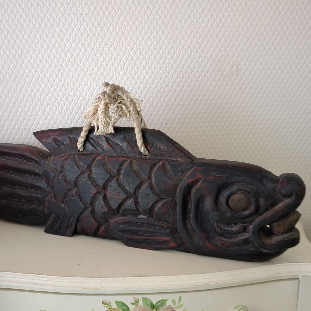 骨董 魚型 木魚 魚鼓 魚板 木彫 茶道具 漆器ディスプレイ 木製 木彫