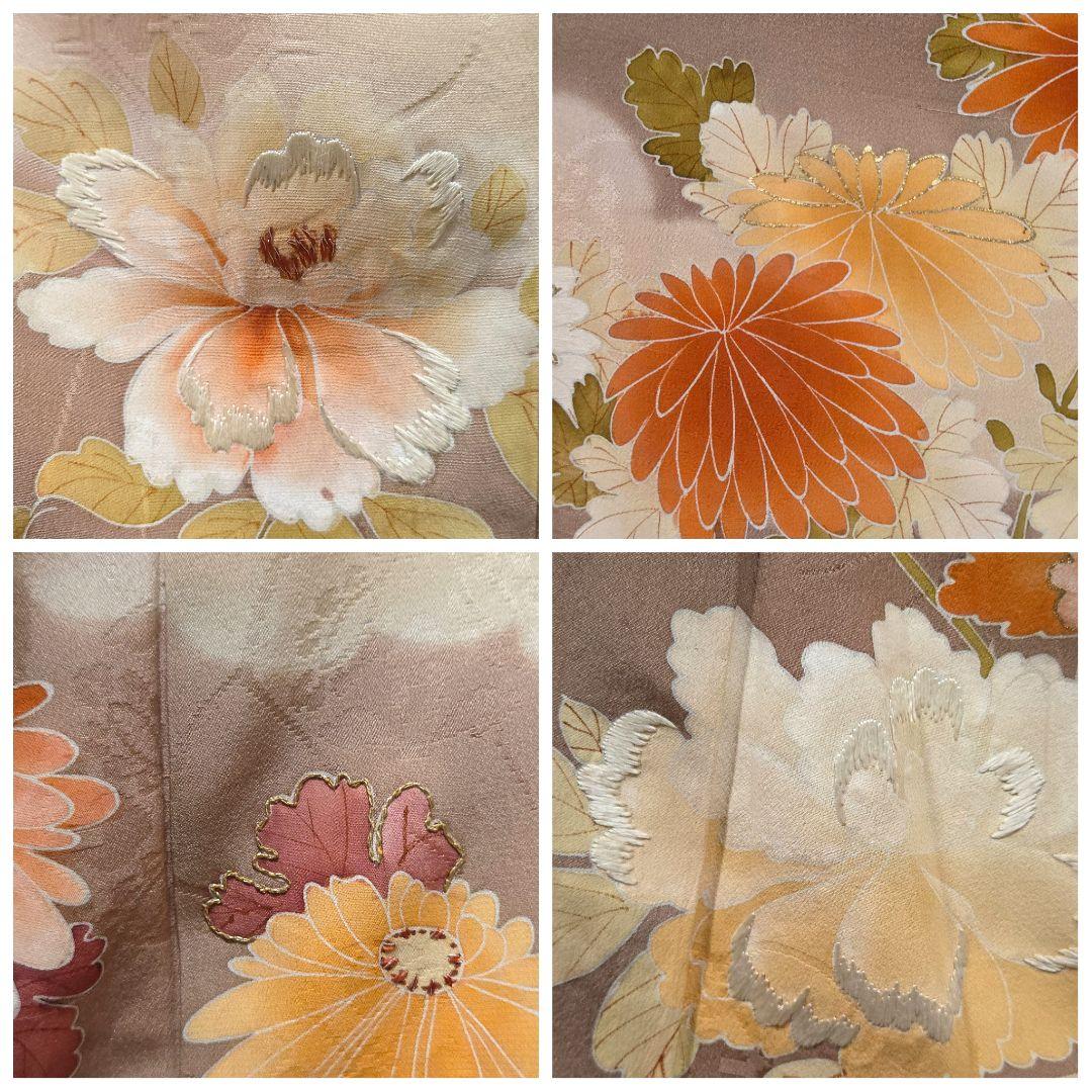 A アンティーク 雲に季節の花々 金彩 刺繍 袷 正絹 訪問着 着物 23